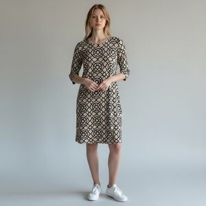 J McLaughlin Devon Ponte Knit Black & Tan Scribe Print Dress Size M